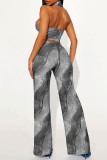 Blue Casual Print Patchwork Backless Zipper Halter Sleeveless Two Pieces