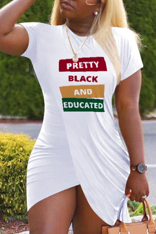 White Casual Letter Patchwork High Opening O Neck One Step Skirt Short Sleeve Dress