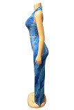 Blue Casual Print Patchwork Backless Zipper Halter Sleeveless Two Pieces