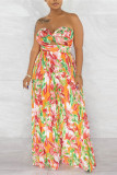 Pink Sexy Print Printing Pleated Strapless Straight Jumpsuits