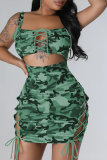 Pink Sexy Street Camouflage Print Hollowed Out Spaghetti Strap Pencil Skirt Dresses
