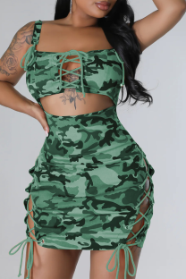 Green Sexy Street Camouflage Print Hollowed Out Spaghetti Strap Pencil Skirt Dresses