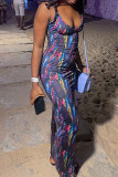 Black Casual Print Patchwork Metal Accessories Decoration Backless Spaghetti Strap One Step Skirt Dresses
