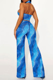Blue Casual Print Patchwork Backless Zipper Halter Sleeveless Two Pieces