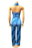 Blue Casual Print Patchwork Backless Zipper Halter Sleeveless Two Pieces