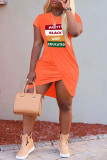 Tangerine Red Casual Letter Patchwork High Opening O Neck One Step Skirt Short Sleeve Dress