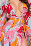 Pink Casual Print High Opening V Neck Waist Skirt Dresses