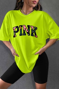 Fluorescent Green Casual Print Letter O Neck Short Sleeve Two Pieces