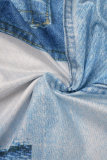 Blue Sexy Casual Street Print Draw String Backless Fold Oblique Collar High Waist Tops
