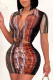 Red Casual Street Print Patchwork Frenulum Turndown Collar Short Sleeve Two Pieces