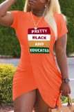 Tangerine Red Casual Letter Patchwork High Opening O Neck One Step Skirt Short Sleeve Dress