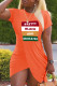 Tangerine Red Casual Letter Patchwork High Opening O Neck One Step Skirt Short Sleeve Dress