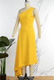 Yellow Sexy Solid Patchwork Asymmetrical Oblique Collar Irregular Dress Dresses