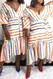 Multicolor Casual Striped Print Patchwork V Neck Irregular Dress Dresses
