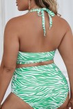 Green Sexy Print Bandage Backless Halter Plus Size Swimwear (With Paddings)