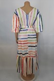 Multicolor Casual Striped Print Patchwork V Neck Irregular Dress Dresses