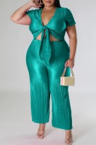 Green Casual Solid Frenulum V Neck Plus Size Two Pieces