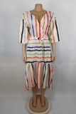 Multicolor Casual Striped Print Patchwork V Neck Irregular Dress Dresses