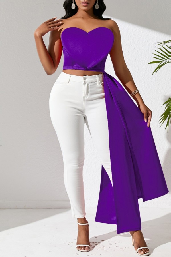 Purple Sexy Solid Backless Asymmetrical Strapless Tops