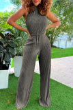 Red Casual Solid Fold O Neck Regular Jumpsuits(With Belt)