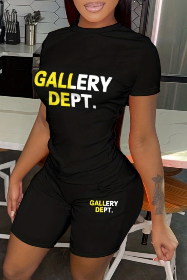 Black Casual Letter Print Basic O Neck Short Sleeve Two Pieces