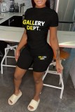 Black Casual Letter Print Basic O Neck Short Sleeve Two Pieces