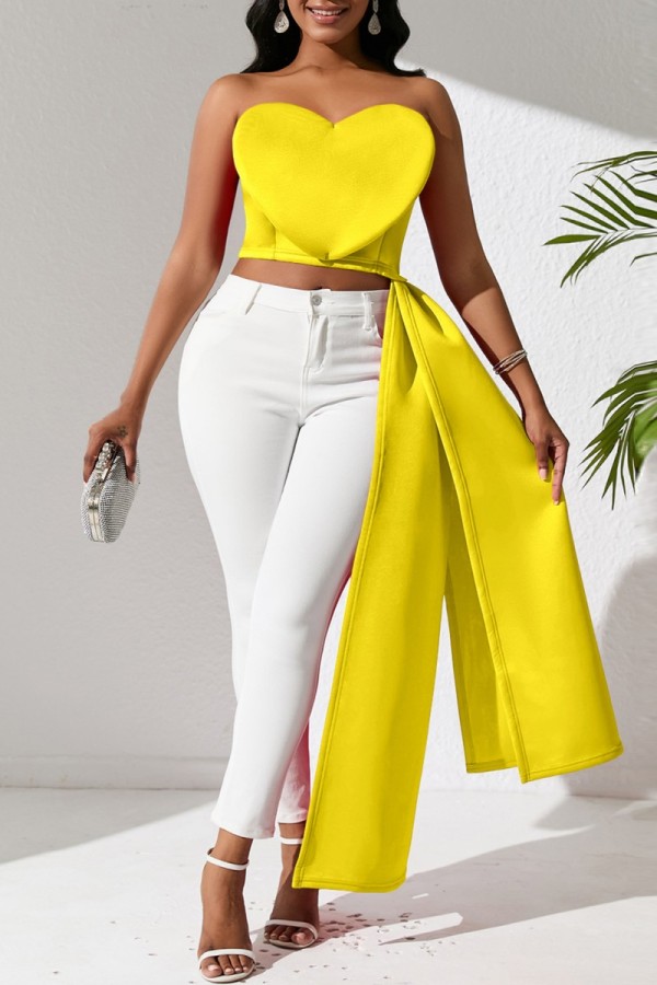 Yellow Sexy Solid Backless Asymmetrical Strapless Tops