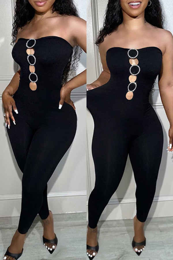 Black Sexy Solid Backless Strapless Skinny Jumpsuits