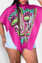 Rose Red Casual Print Asymmetrical Turtleneck Tops