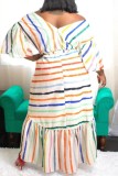 Multicolor Casual Striped Print Patchwork V Neck Irregular Dress Dresses