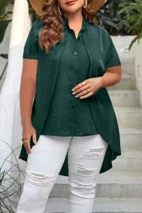 Green Casual Solid Patchwork Shirt Collar Tops