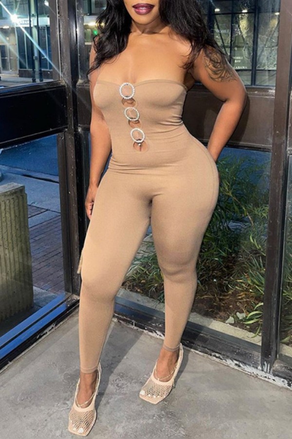 Khaki Sexy Solid Backless Strapless Skinny Jumpsuits