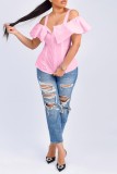 Pink Casual Solid Backless Off the Shoulder Tops