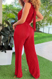Red Casual Solid Fold O Neck Regular Jumpsuits(With Belt)