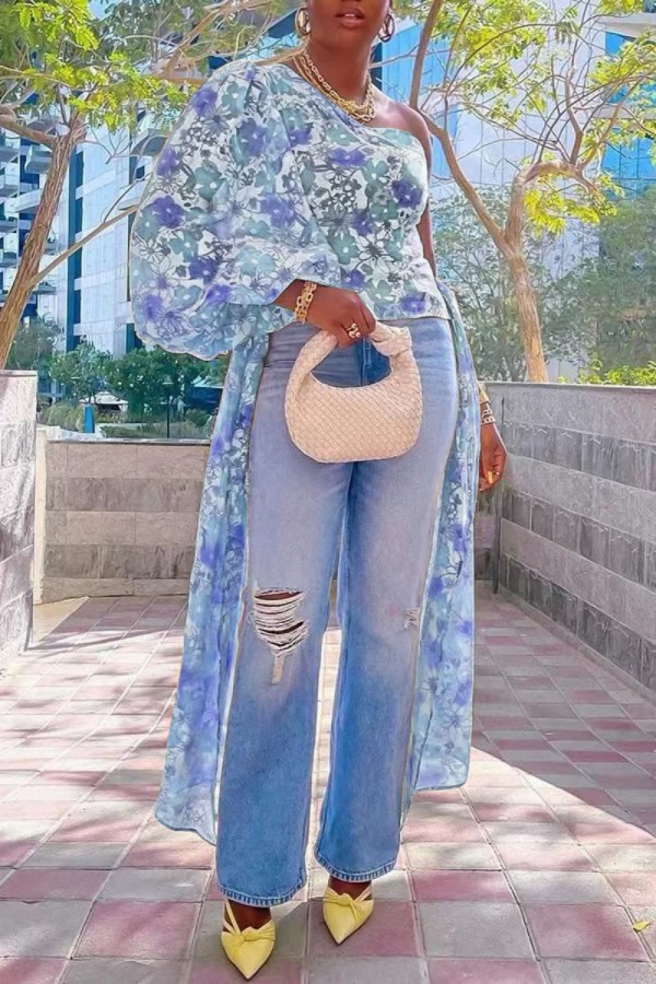 Sky Blue Casual Print Patchwork Backless Asymmetrical Oblique Collar Tops (Subject To The Actual Object)
