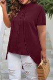 Burgundy Casual Solid Patchwork Shirt Collar Tops