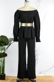 Black Casual Solid Patchwork With Belt Off the Shoulder Long Sleeve Two Pieces(With A Belt)