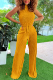 Red Casual Solid Fold O Neck Regular Jumpsuits(With Belt)