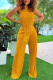 Yellow Casual Solid Fold O Neck Regular Jumpsuits(With Belt)