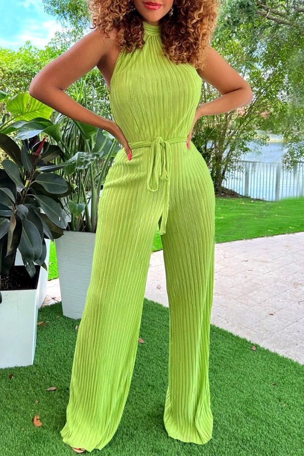 Green Casual Solid Fold O Neck Regular Jumpsuits(With Belt)