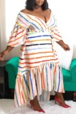 Multicolor Casual Striped Print Patchwork V Neck Irregular Dress Dresses