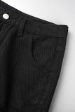 Deep Blue Street Solid Patchwork Knotted High Waist Regular Denim Shorts