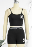 Black Casual Street Sportswear Print Solid Patchwork Spaghetti Strap Sleeveless Two Pieces