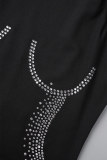 Black Sexy Celebrities Elegant Hot Drilling O Neck Wrapped Skirt Dresses