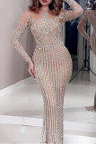 Apricot Elegant Solid Mesh Hot Drill O Neck Trumpet Mermaid Dresses