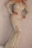 Apricot Elegant Solid Mesh Hot Drill O Neck Trumpet Mermaid Dresses
