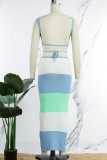 Blue Sexy Sweet Celebrities Striped Hollowed Out Strap Design U Neck One Step Skirt Dresses