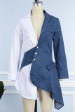 The cowboy blue Sexy Work Elegant Patchwork Buttons V Neck Irregular Dress Dresses