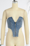 Blue Sexy Casual Sweet Solid Patchwork Backless Asymmetrical Strapless High Waist Tops