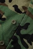 Camouflage Casual Street Camouflage Print Pocket Buttons Asymmetrical O Neck Tops